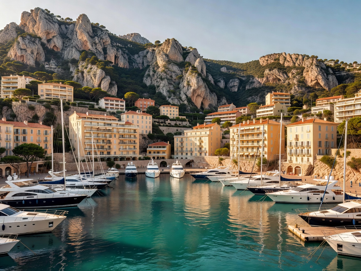 Harbor view of Port de Fontvieille surrounded by cliffs and apartments