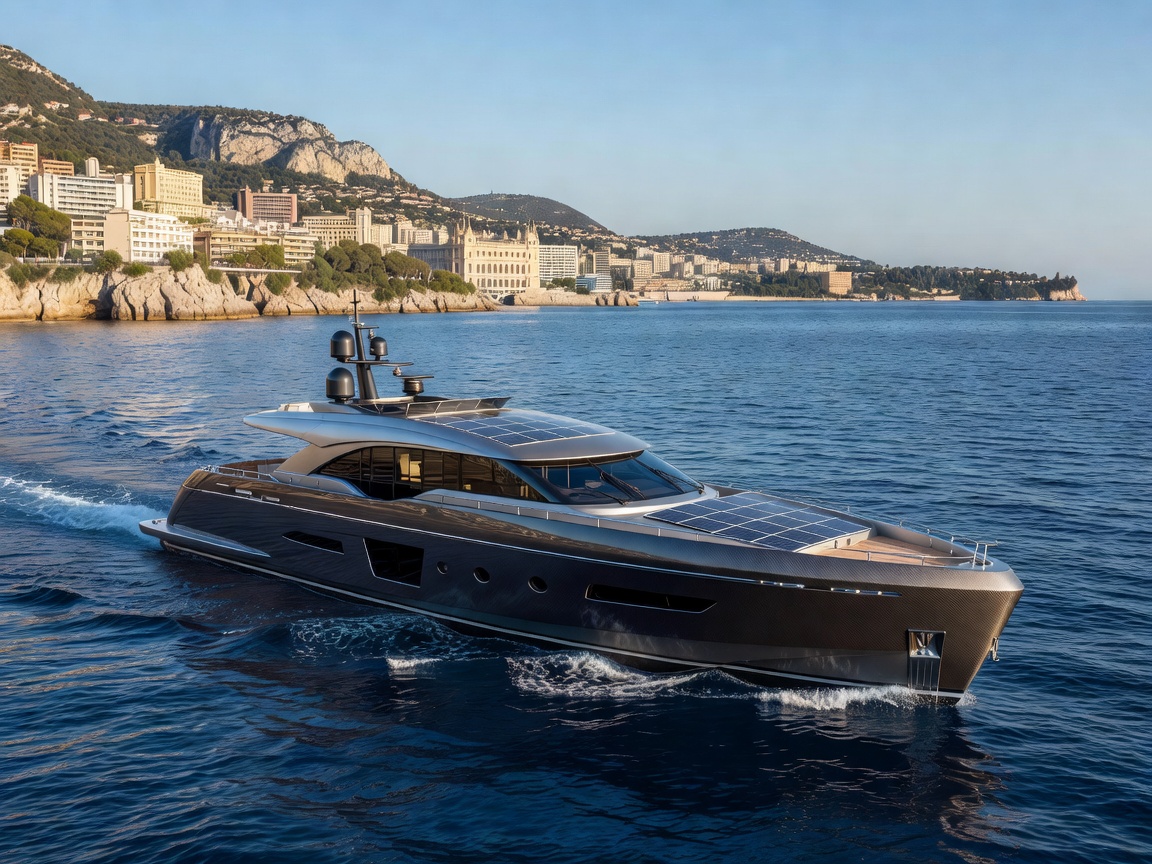 Modern eco hybrid superyacht cruising near Monaco coast