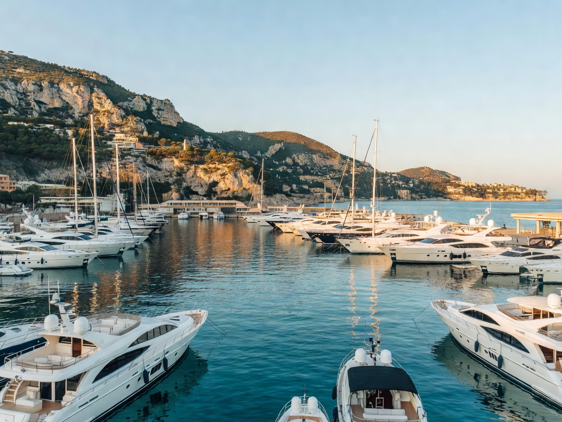 Scenic view of Port de Fontvieille with yachts and cliffs in Monaco