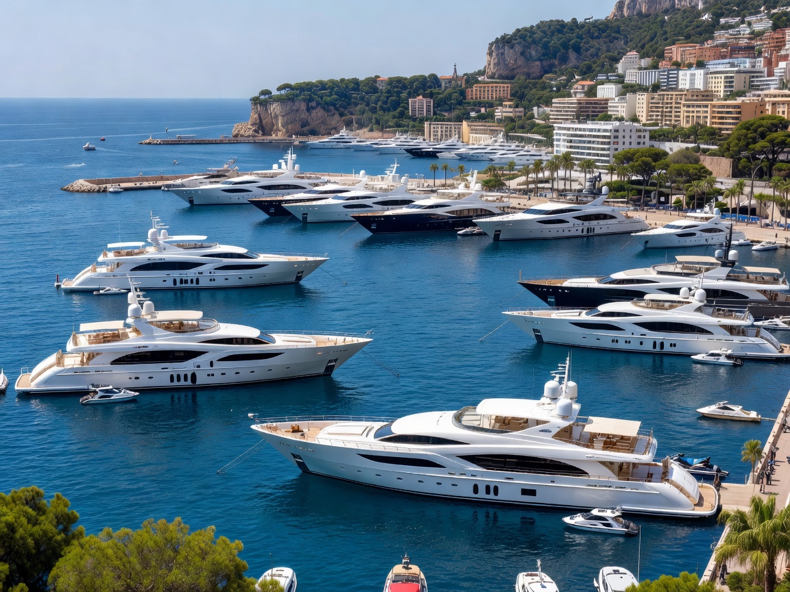Superyachts anchored in Port Hercule Monaco during summer season