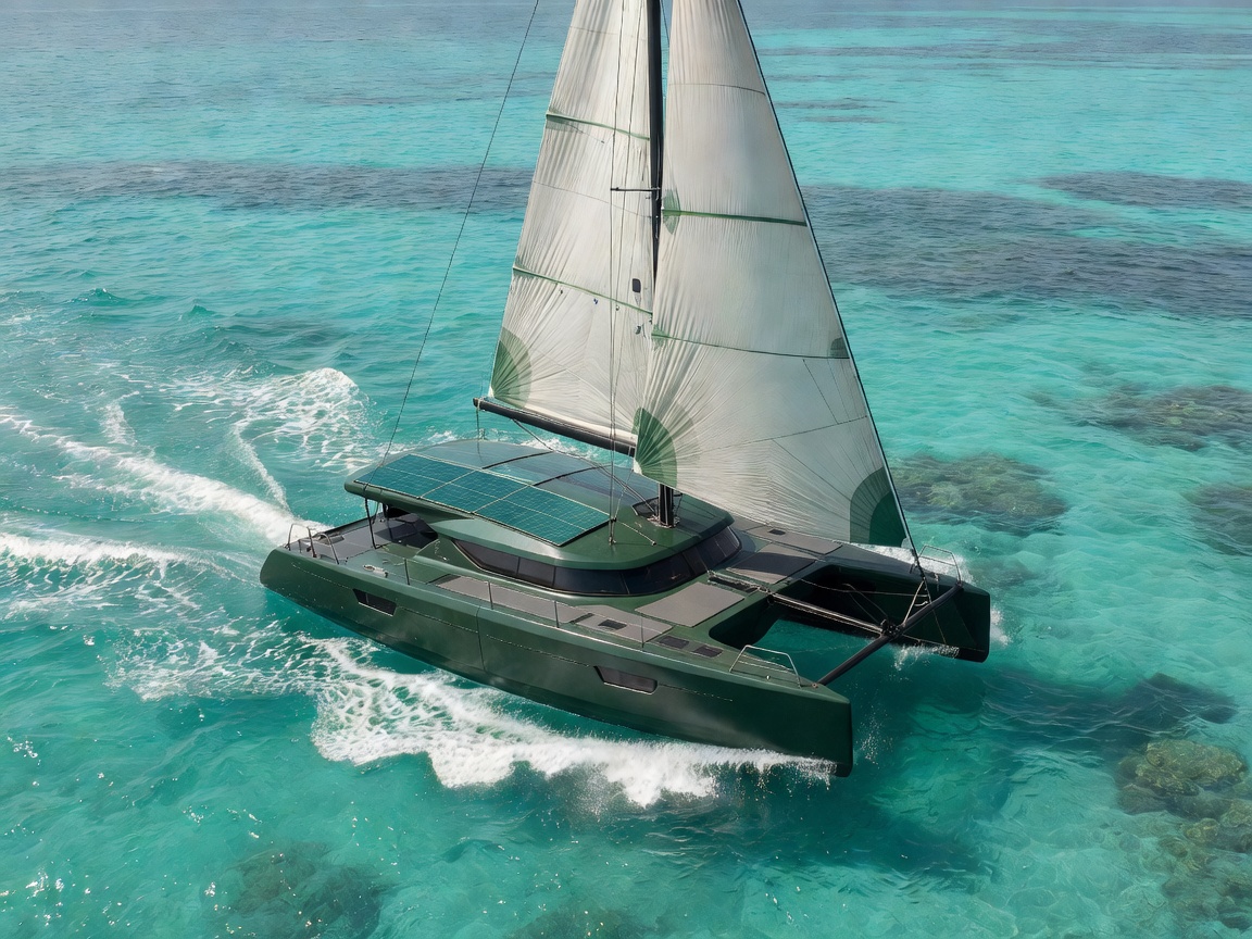 Sustainable green catamaran yacht sailing in turquoise waters
